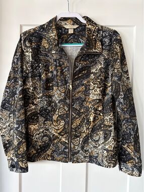 Christopher & Banks Metallic Paisley Zip Jacket — Black/Gold/Grey, Size L